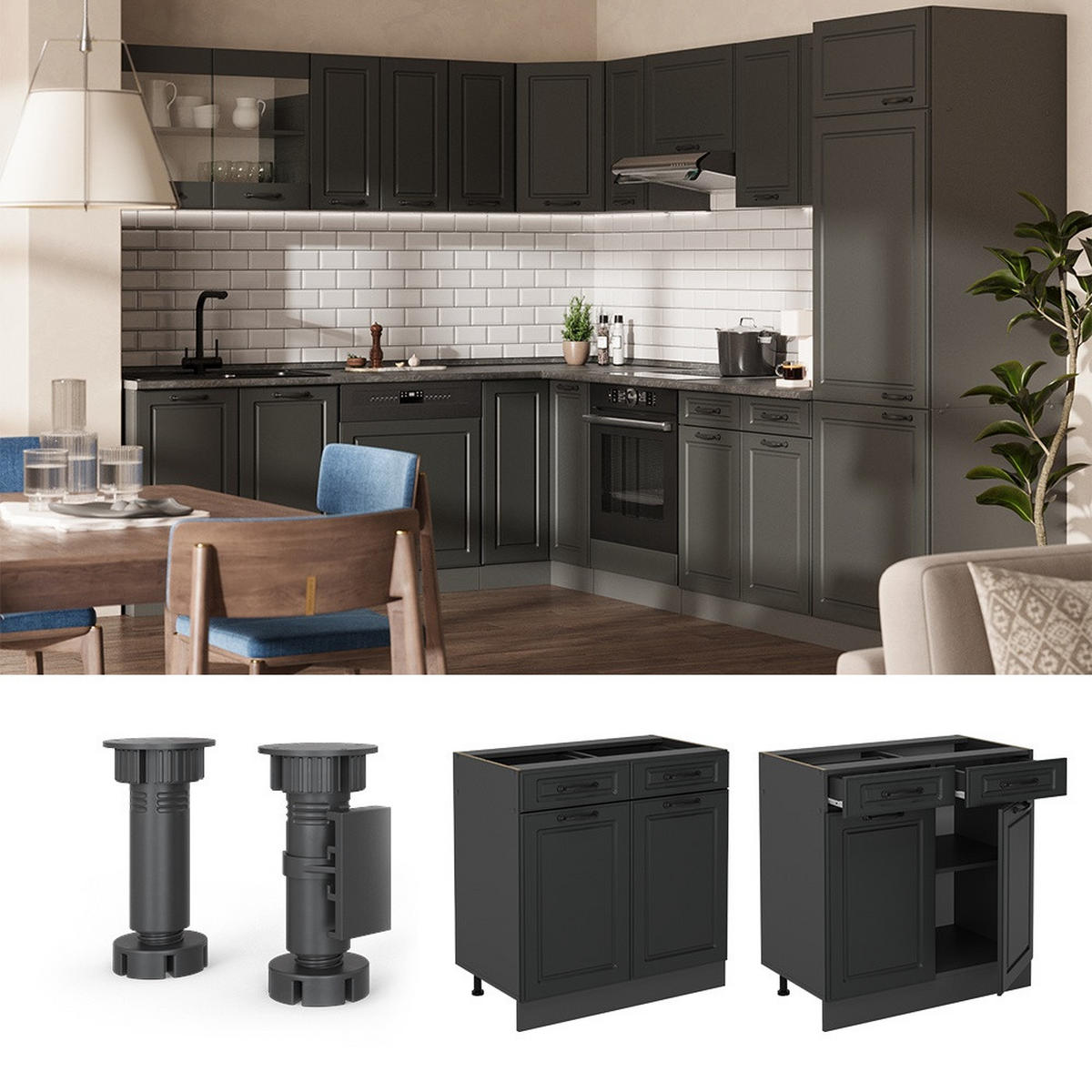 KÜCHENUNTERSCHRANK R-Line Anthrazit Landhaus 80 cm AP Marmor - Anthrazit, Holzwerkstoff (80/81.6/60cm) - Vicco