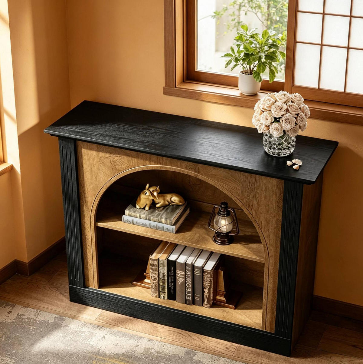 KONSOLENTISCH aus Holz mit Tischplatte 110x30x90 cm Schwarz-Rustikal, 3 Ebenen und Stauraum - Schwarz, Holz (30/110/90cm) - IVMEU