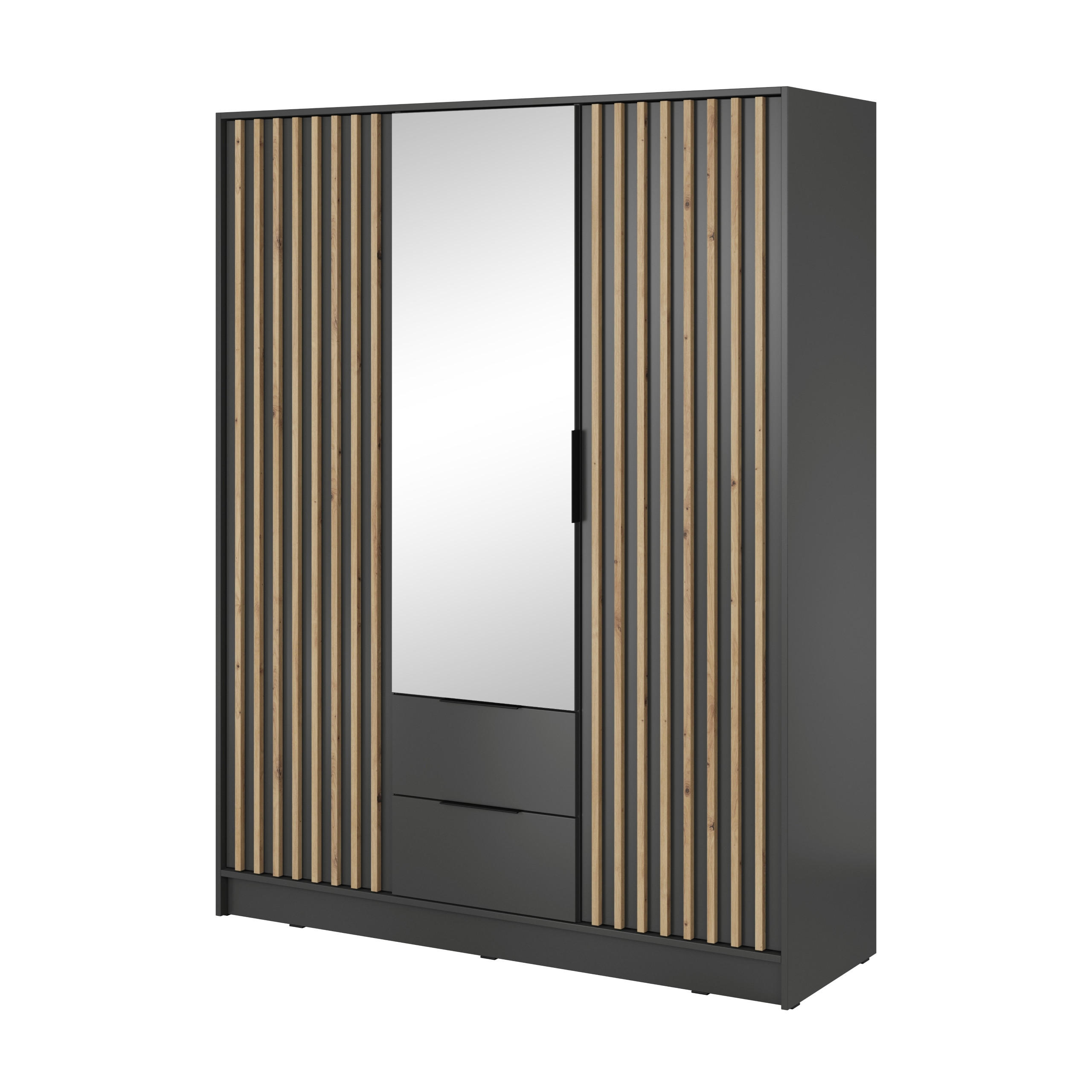 DREHTÜRENSCHRANK NELIANA 155/200/51 cm 3-türig mit Spiegel Graphitfarben - Graphitfarben, Holzwerkstoff (155/200/51cm) - MASSENO