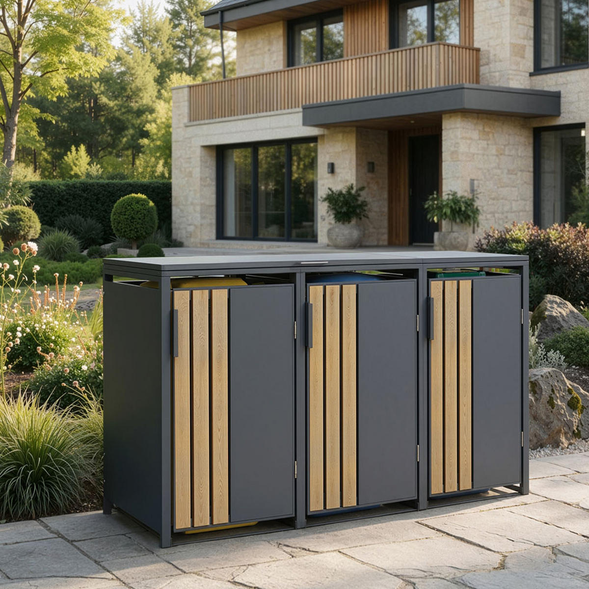 MÜLLTONNENBOX KANTO - 3x 240L - Anthrazit, Metall (198/116/80cm)