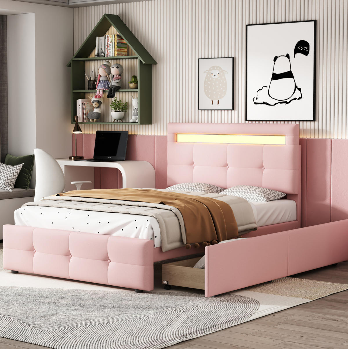 POLSTERBETT 90/200 cm aus Holz mit LED-Beleuchtung und 2 Schubladen Rosa - Pink, Textil (90/200cm) - Modenvie