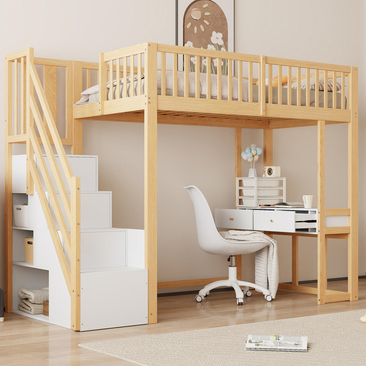 HOCHBETT 90/200 cm aus Kiefernholz mit Multifunktionstisch, Weiß - Eichefarben, Holz (90/200cm) - OKMYHOME