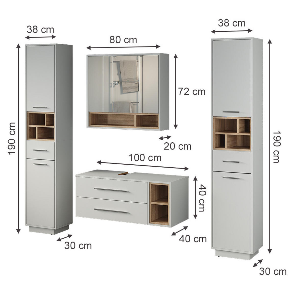 BADMÖBEL-SET Beatrice, Weiß/Sonoma, 4-teilig - Weiß/Sonoma Eiche, Holzwerkstoff (100/40/40cm) - Vicco