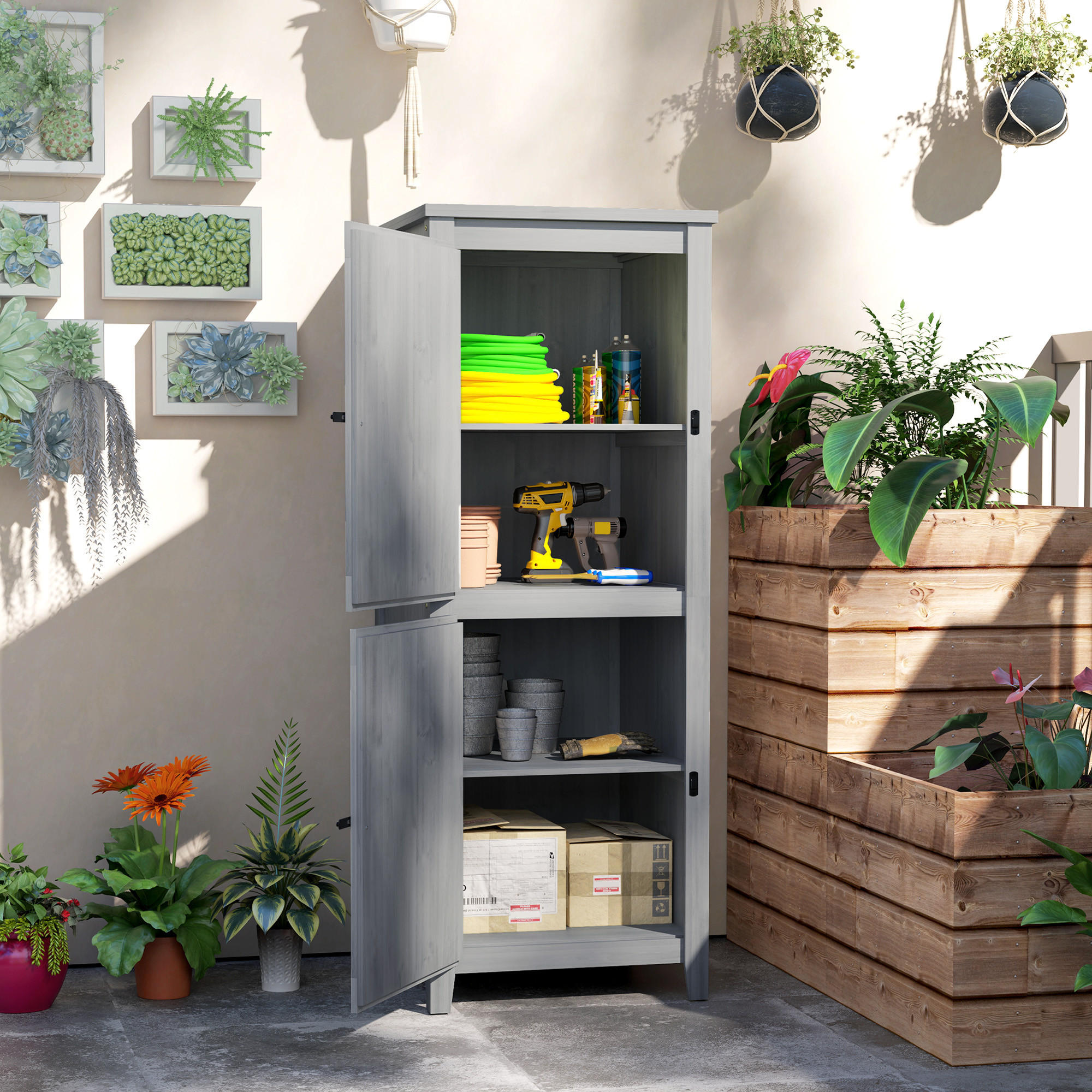 GARTENSCHRANK Holz 60x60x160cm - Hellgrau, Holz (60/160/60cm) - Outsunny