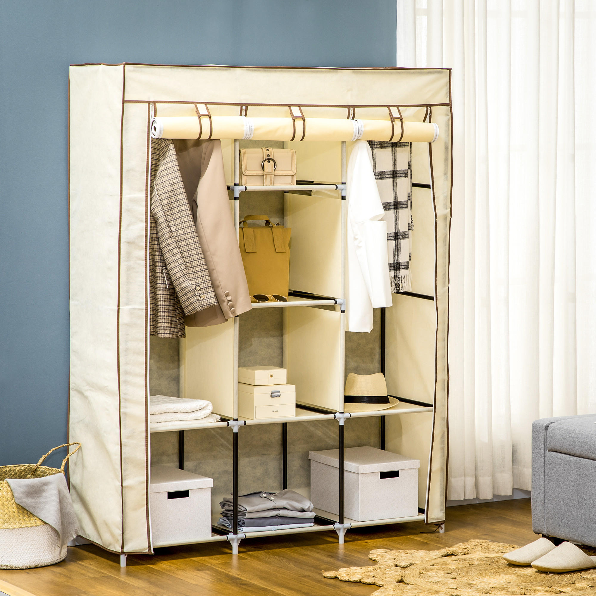 STOFFSCHRANK, 8 Ebenen, Cremeweiß, 125 x 43 x 162,5 cm - Weiß, Metall (125/162.5/43cm) - HOMCOM