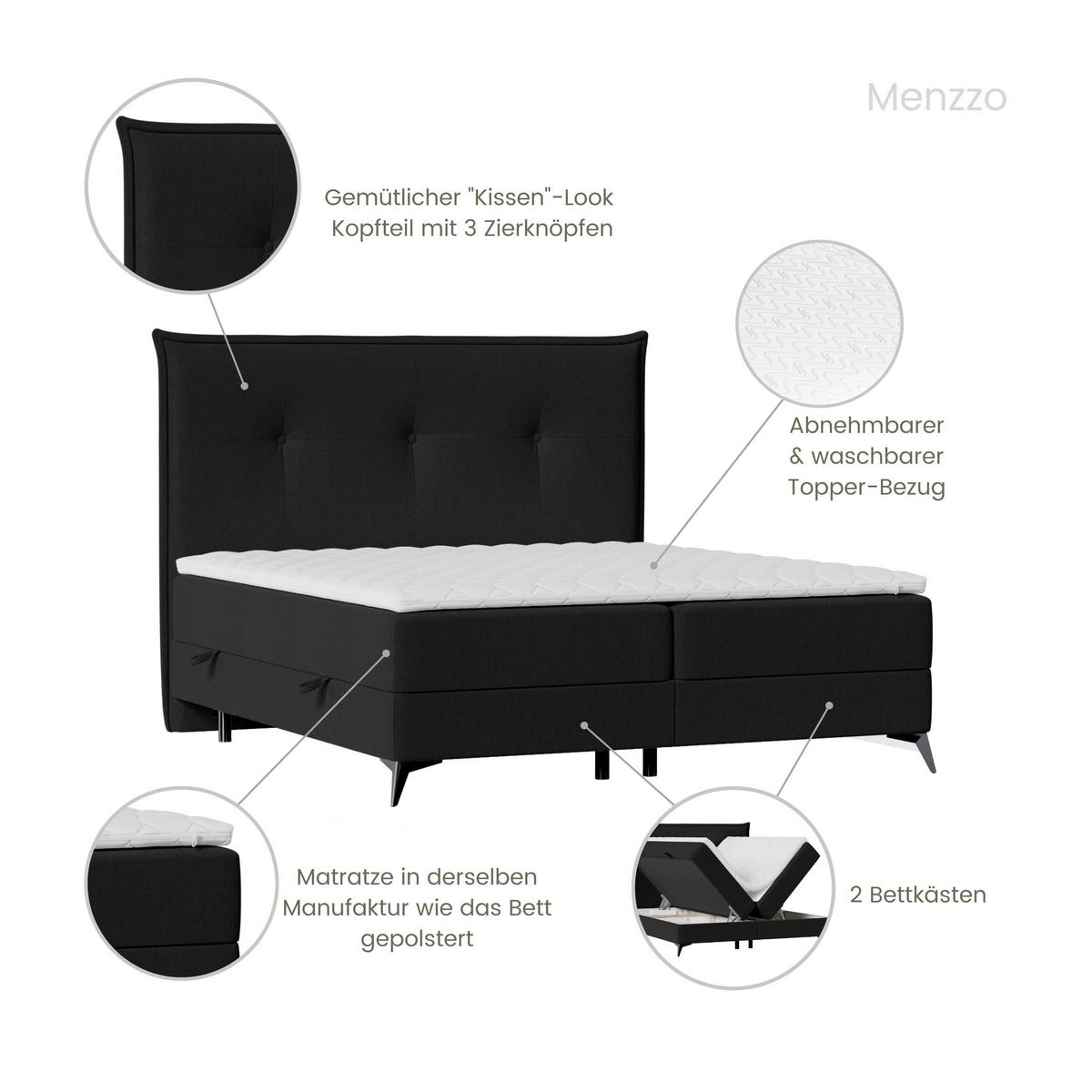 BOXBETT Menzzo Schwarz 120/200 cm mit Matratze und Topper - Schwarz, Holz/Holzwerkstoff (120/200cm) - Maison de Reve