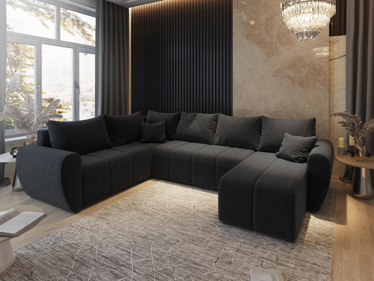 WOHNLANDSCHAFT MADISON XL L-S Schwarz Dünner Stoff mit Schlaffunktion - Schwarz, Holz (303/82/208cm) - MASSENO