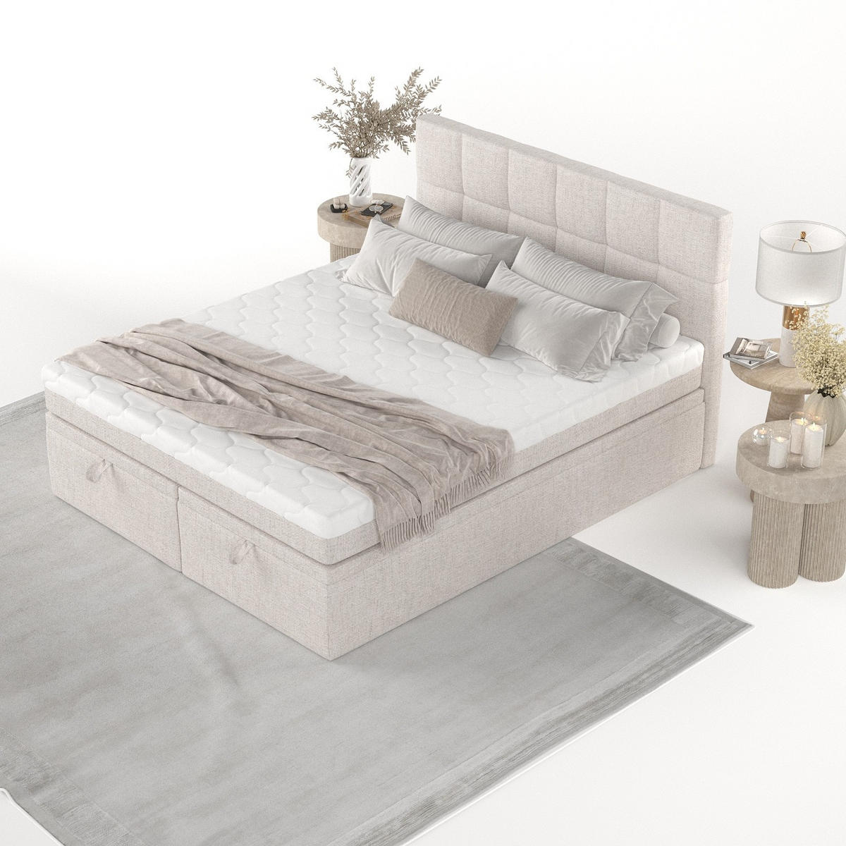 BOXBETT Elano 140/200 cm Hellbeige im Neve Stoff - Sandfarben/Schwarz, Holz/Holzwerkstoff (140/200cm) - AltaBeds