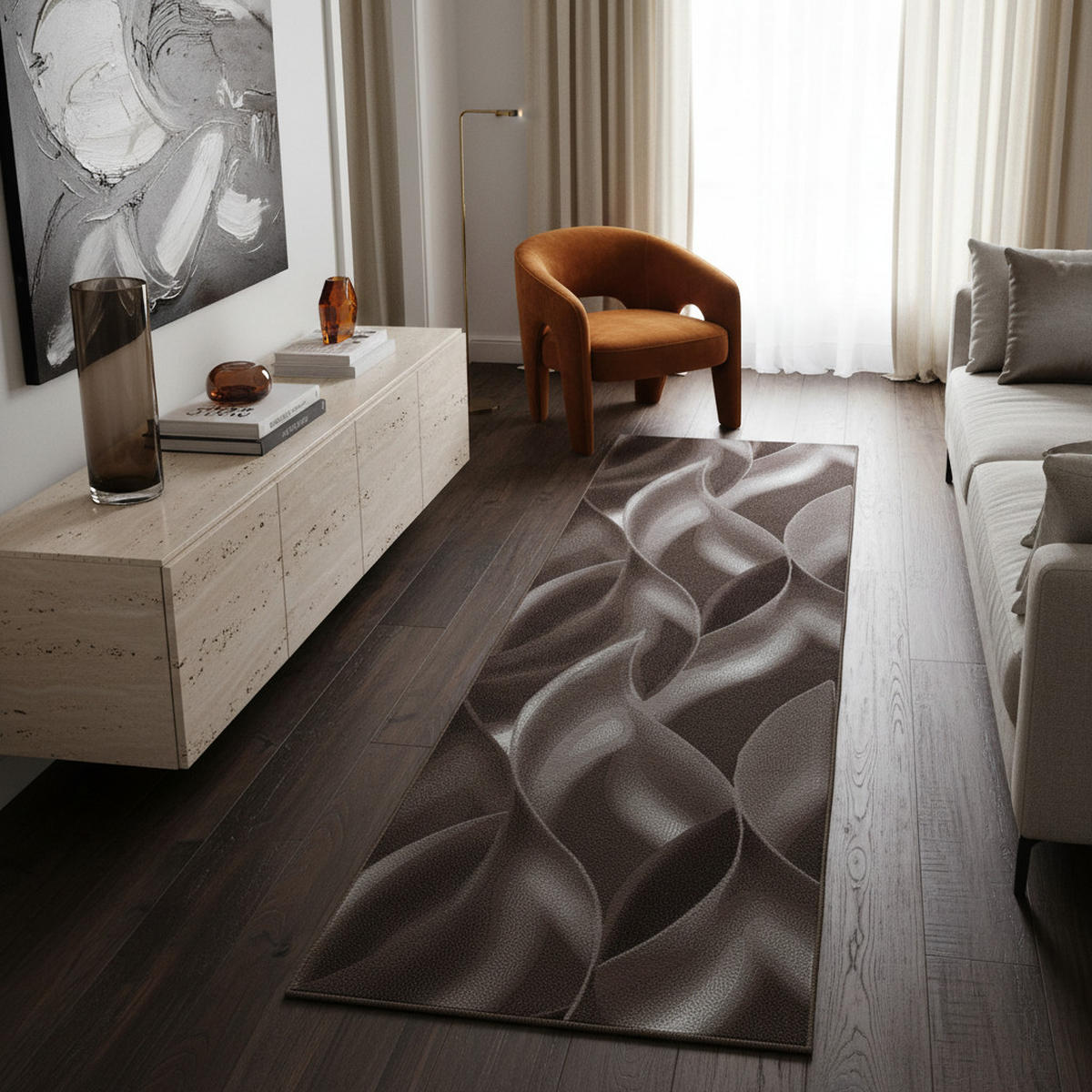 TEPPICH Kurzflor Abstrakte Wellen Polypropylen Wohnzimmer Braun Läufer 80x300 - Braun, Textil (80/300cm) - KADIMA DESIGN