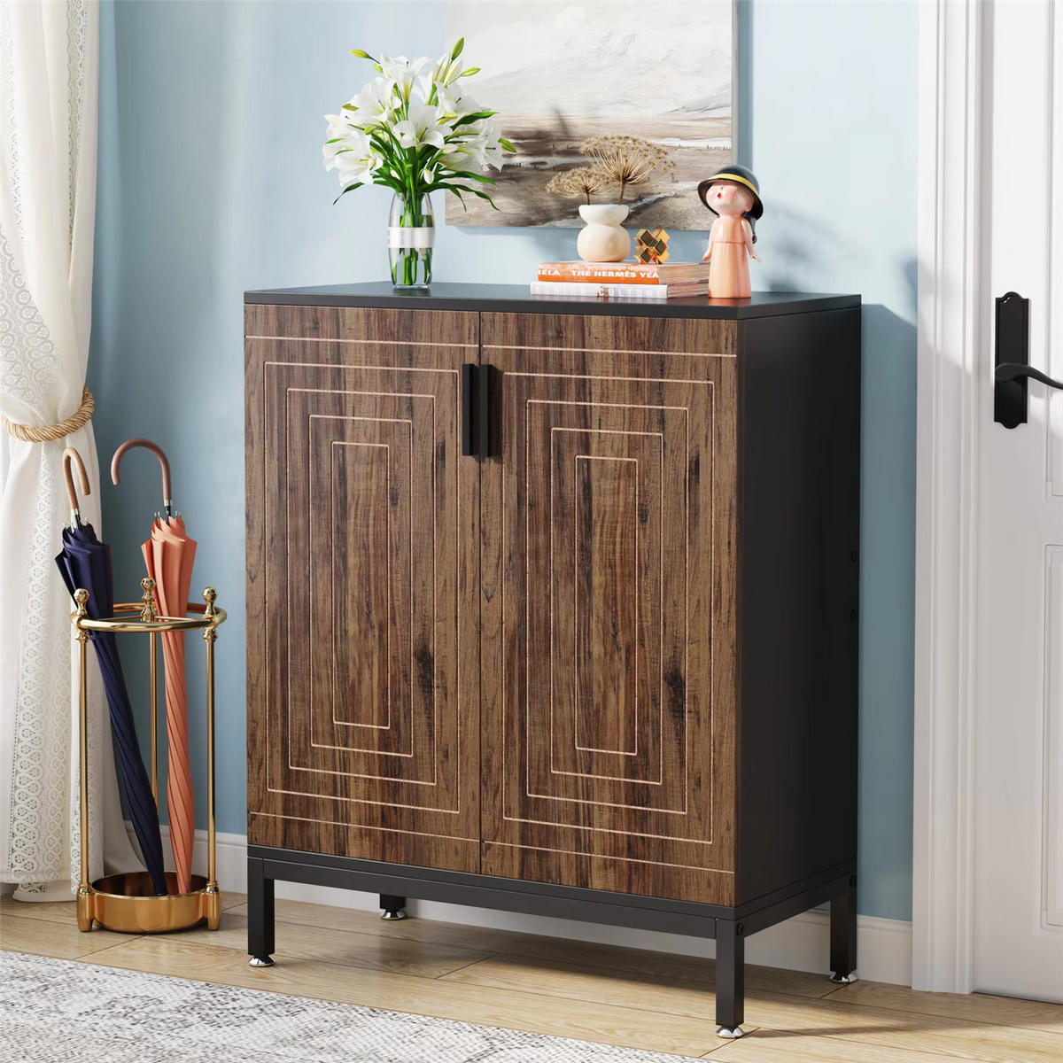 SCHUHSCHRANK 6 Ebenen mit Türen & Ablage - Braun, Holz (80/95/38cm) - Kaket