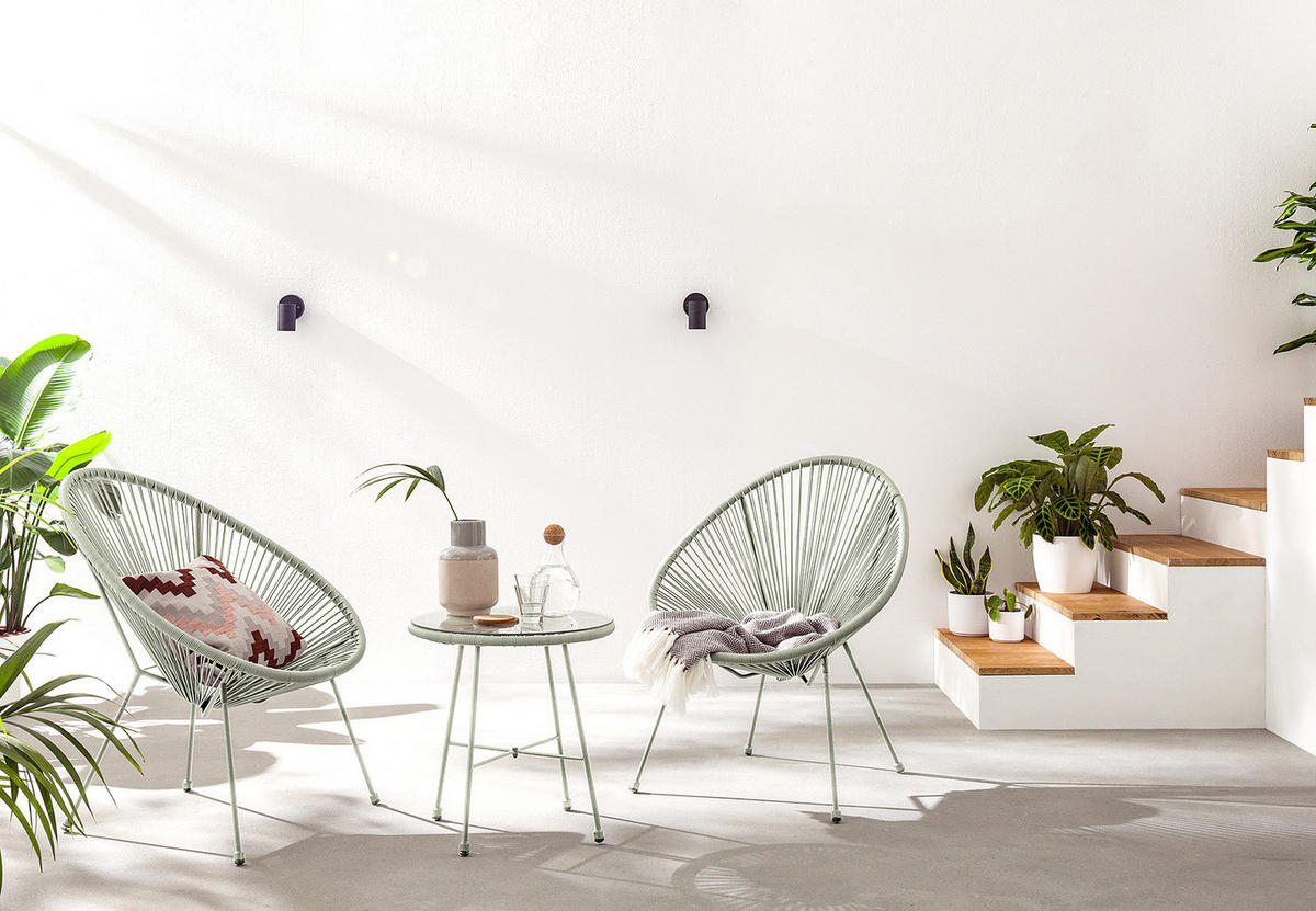 SITZGRUPPE - Stahl / Polyrattan - 3-teilig - Salbeigrün, Glas/Kunststoff - home24