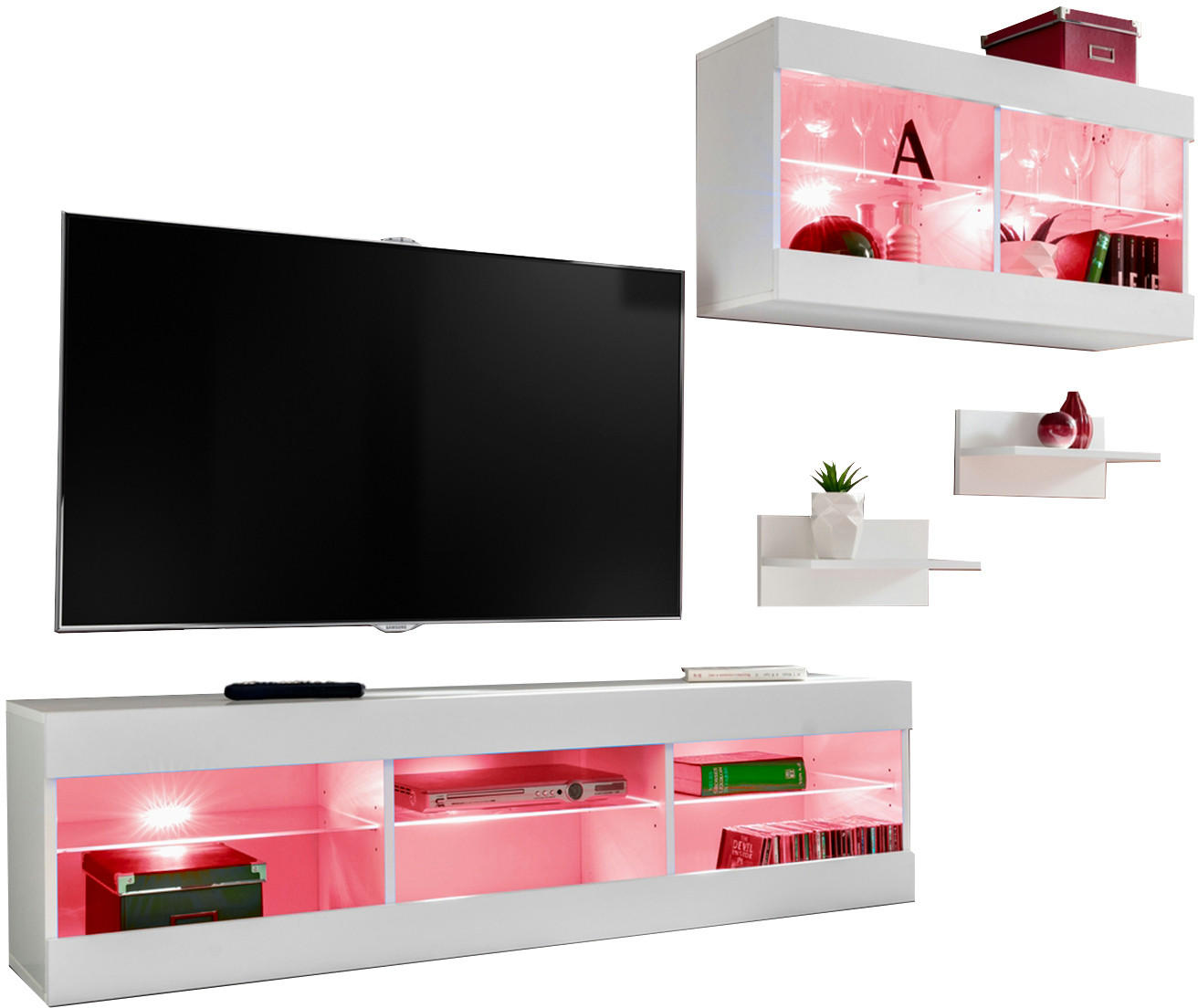 WOHNWAND 4-er Set, TIVOLI SET3 mit mehrfarbige LED RGB Beleuchtung Weiß + Weiß, Offener Raum - Eiche Wotan/Weiß, Glas/Holzwerkstoff (240/195/35cm) - Komodee