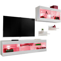 WOHNWAND 4-er Set, TIVOLI SET3 mit mehrfarbige LED RGB Beleuchtung Weiß + Weiß, Offener Raum - Eiche Wotan/Weiß, Glas/Holzwerkstoff (240/195/35cm) - Komodee