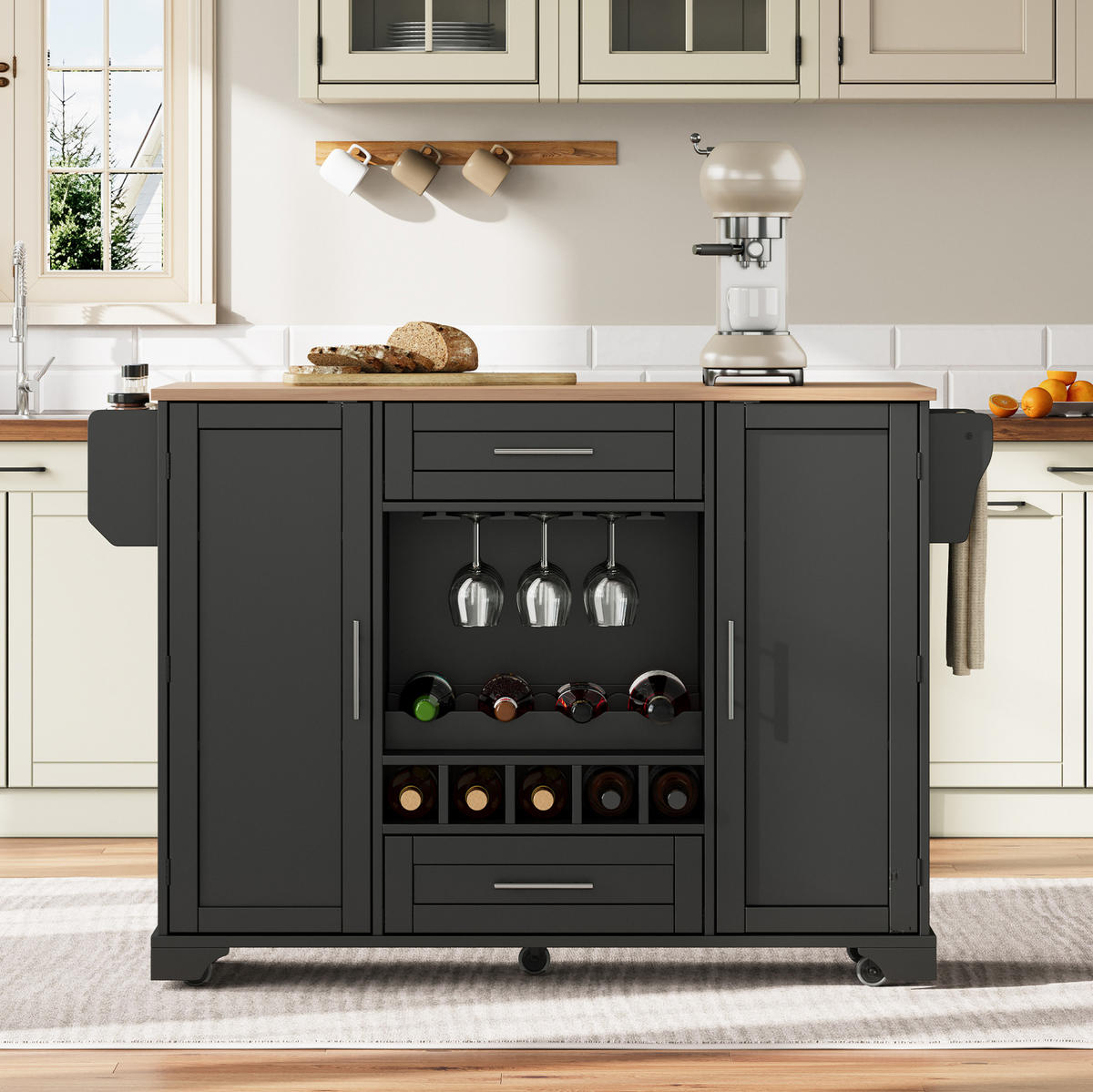 KÜCHENWAGEN mit ausklappbarer Arbeitsplatte 138 x 45/70 x 92 cm Schwarz/Natur - Schwarz, Holz (70/92/138cm) - Beauniv
