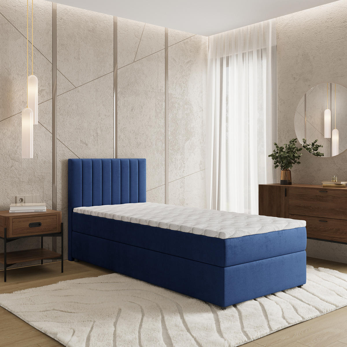 BOXBETT BRESEL 100 100x200 cm mit Matratze und Topper, H2+H3 - Blau - Blau, Holz (100/200cm) - MASSENO