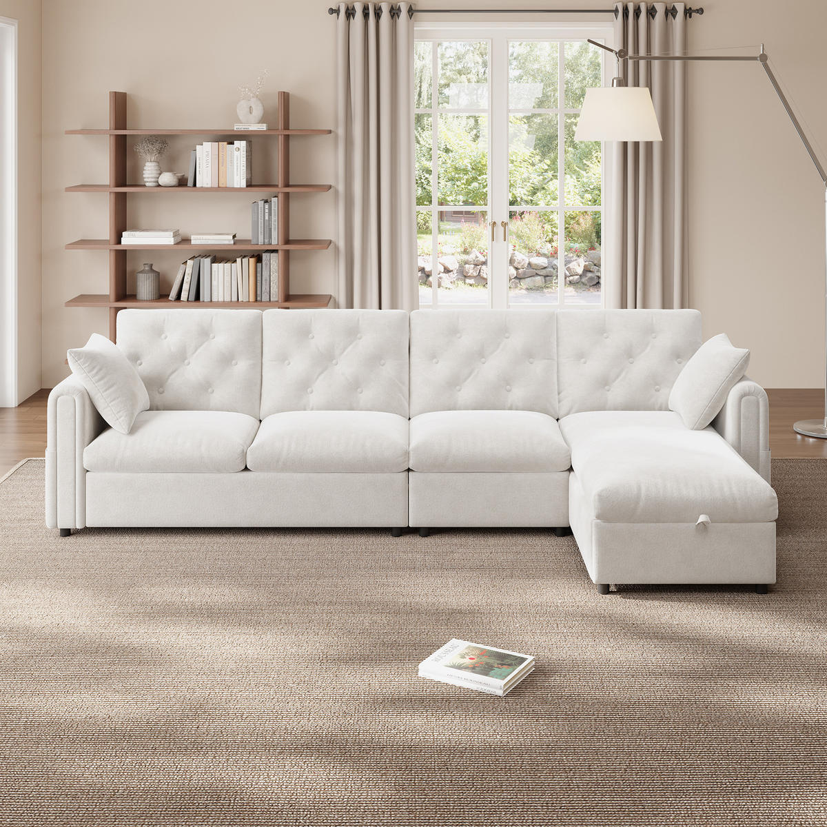 SOFA Beige L-Form Samt Stauraum Armlehne 281cm Knopfheftung - Beige, Textil (132/86/281cm) - FLIEKS