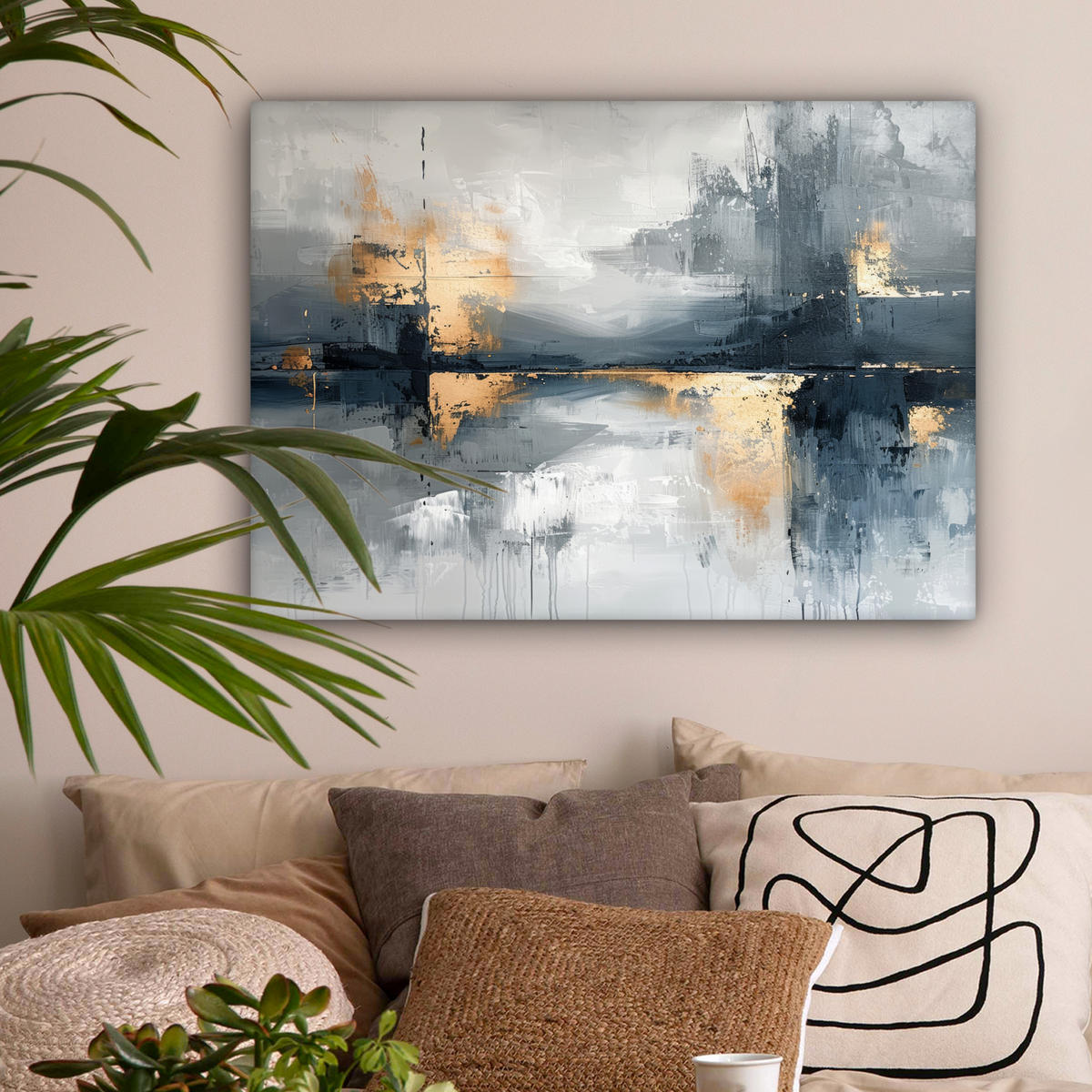 LEINWANDBILD Kunst - Grau - Gold - Abstrakt Wandbilder 80x60 cm - Dunkelgrau, Textil (80/60cm) - MuchoWow