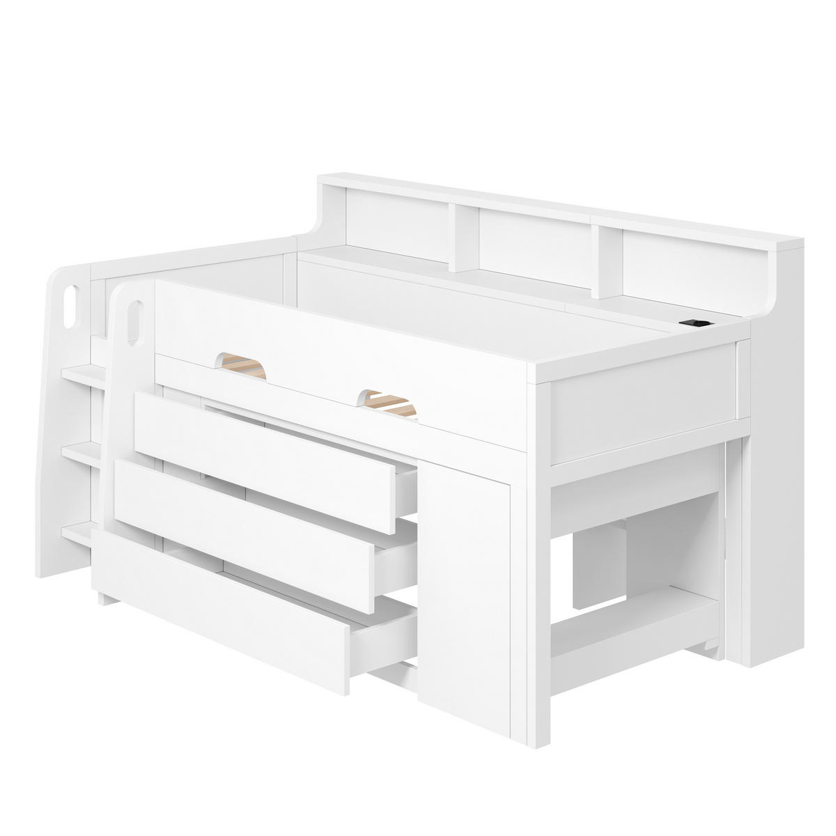 HOCHBETT 90/200 cm in Weiß aus MDF und Sperrholz mit Schubladen, Regalen, Schreibtisch und LED - Weiß, Holz/Holzwerkstoff (90/200cm) - WISHDOR