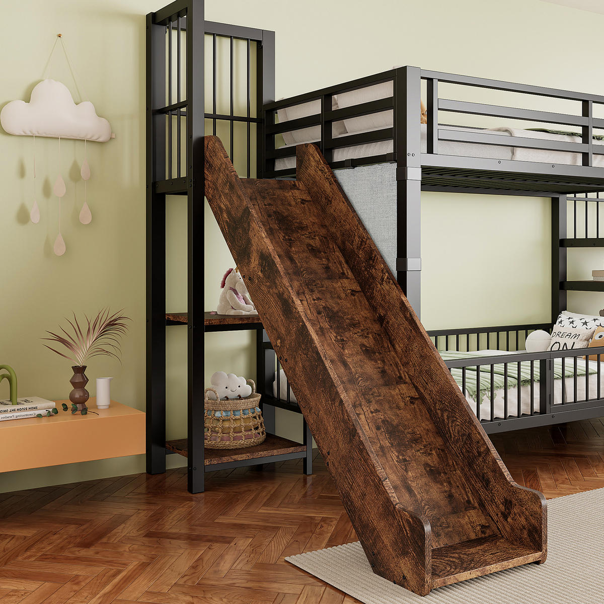 METALL- ETAGENBETT Kinder Schwarz 90/200 cm mit Rutsche und Stauraumtreppe - Schwarz, Metall (90/200cm) - ComfortXL