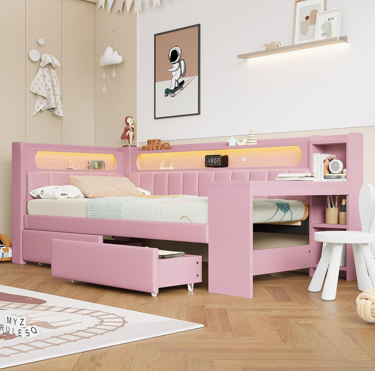 GEPOLSTERTES Tagesbett 90/200 cm mit LED-Beleuchtung, USB-Anschluss, Schreibtisch und 2 Schubladen, Rosa - Rosa, Holzwerkstoff (90/200cm) - Redom
