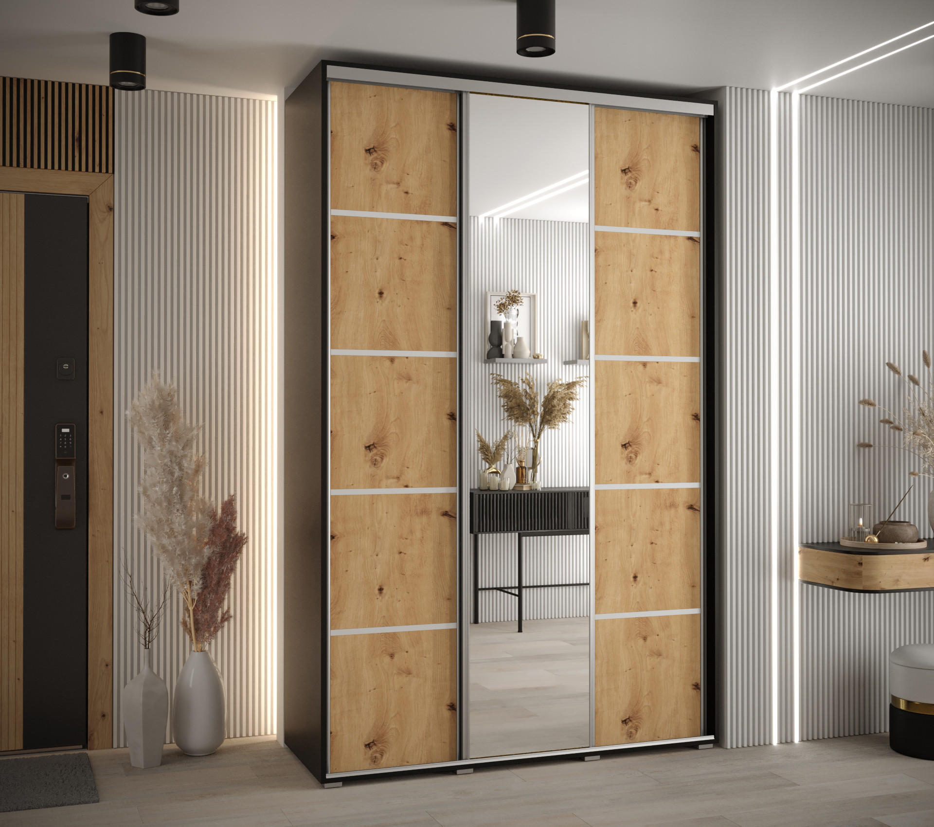 SCHWEBETÜRENSCHRANK 235,2/160/45 3-türig - Silberfarben/Schwarz, Holz/Metall (160/235/45cm) - Abiks Möbel