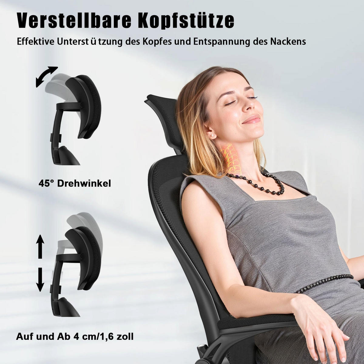 BÜROSTUHL ergonomisch, höhenverstellbar, klappbare Armlehnen, Kopfstütze – Schwarz - Schwarz, Metall (50.5/134/52cm) - Rattantree