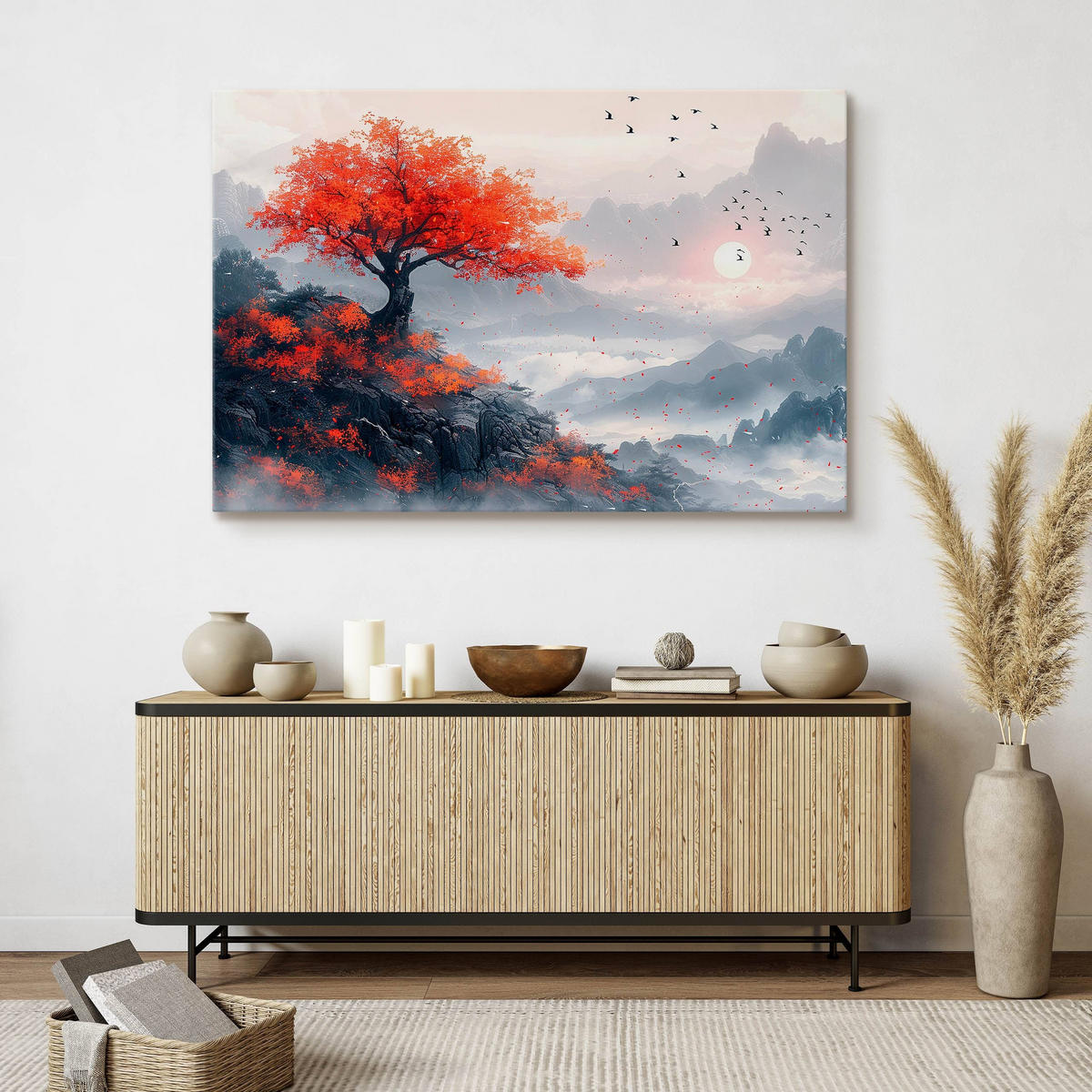 LEINWANDBILD für Esszimmer Baum Berge Landschaft 70cm x 50cm - Beige/Rot, Textil (70/50cm) - Muralo