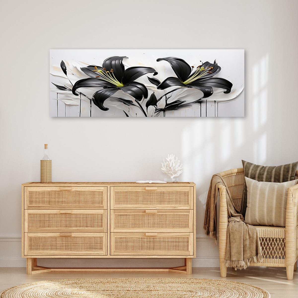 WANDBILD abstrakte blumen schwarze lilien - Schwarz, Textil (90/30cm) - Feeby