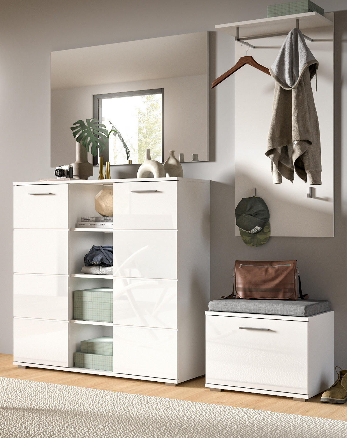 SITZBANK weiß Hochglanz 55 cm, Garderobenbank mit Stauraum - Weiß Hochglanz/Silberfarben, Holzwerkstoff/Kunststoff (55/40/37cm) - Inn.Furn