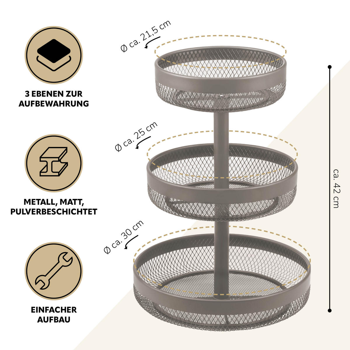 OBSTETAGERE rund, 3-stöckig, Ø 20 cm, 25 cm und 30 cm, taupe, Metall - Taupe, Metall (42cm) - eluno