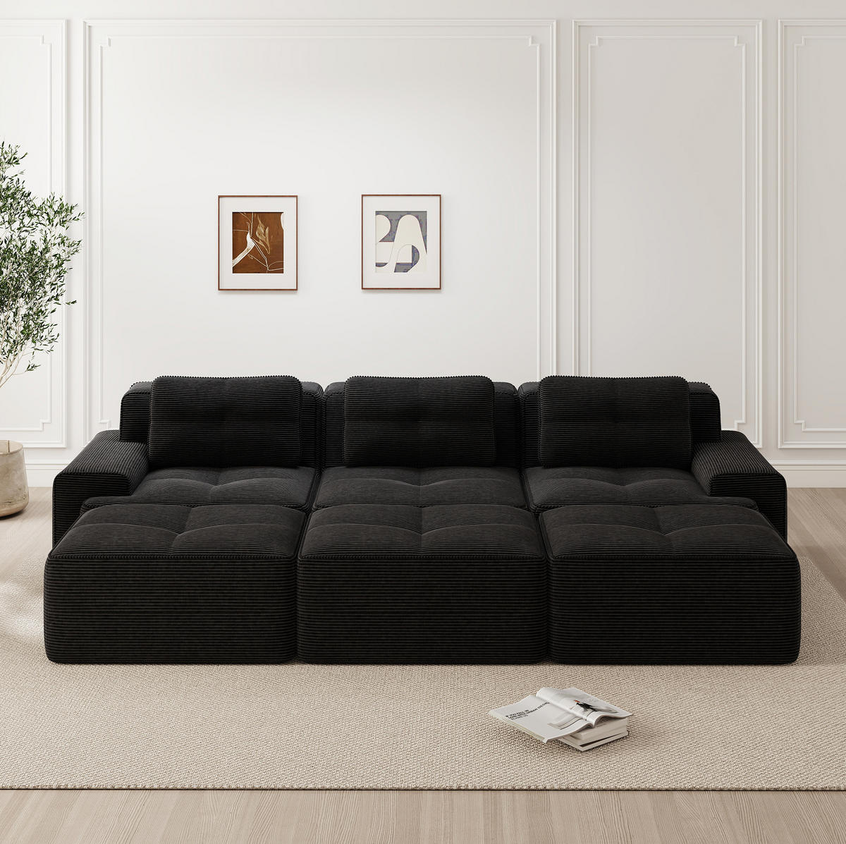 POHOVKA z manšestru v čiernej farbe s hĺbkou sedáka 74 cm - čierna, textil (177/69/293cm) - Flora Grace