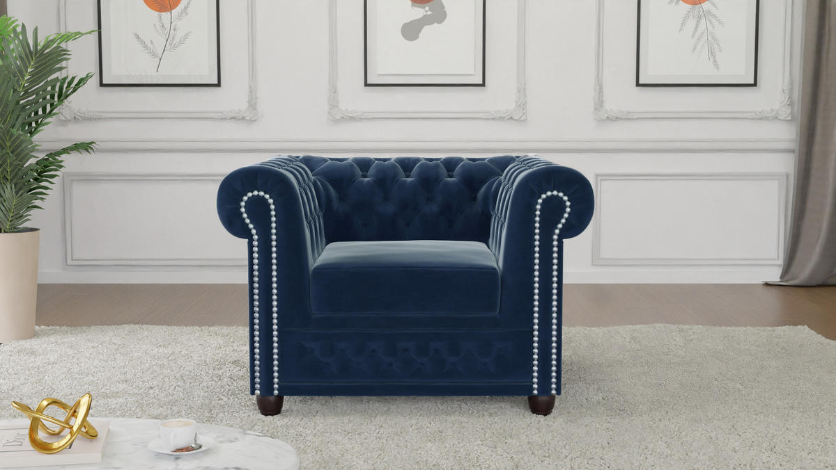 SITZGARNITUR 3+2+1 Chesterfield Nyx Marineblau Samt - Dunkelblau/Braun, Holz/Textil (203/72/86cm) - S-Style Möbel