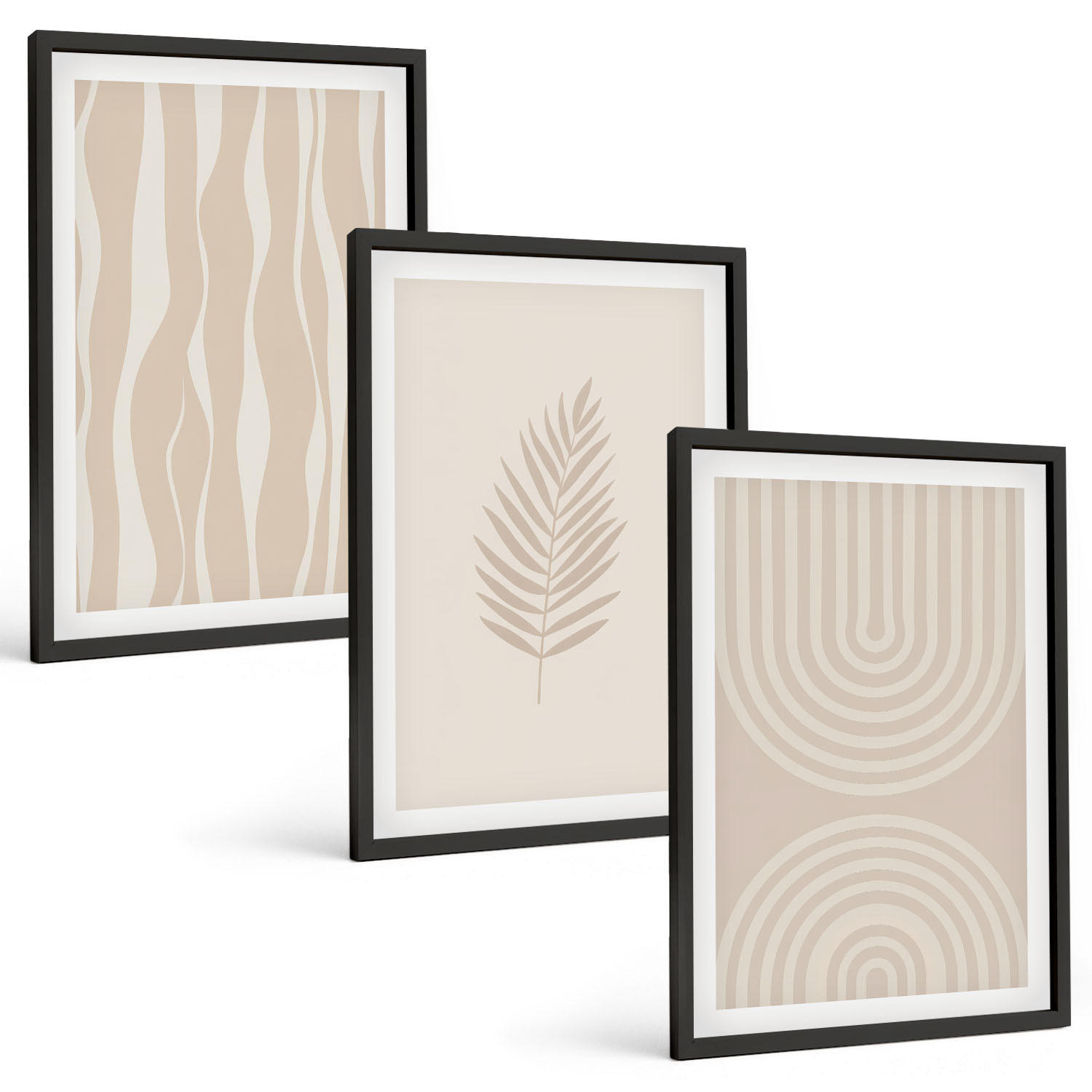 BILDER SET 3er Set - 40x60 cm Schwarzer Rahmen - Beige Pflanzenmuster - Schwarz, Kunststoff (40/60cm) - TULUP