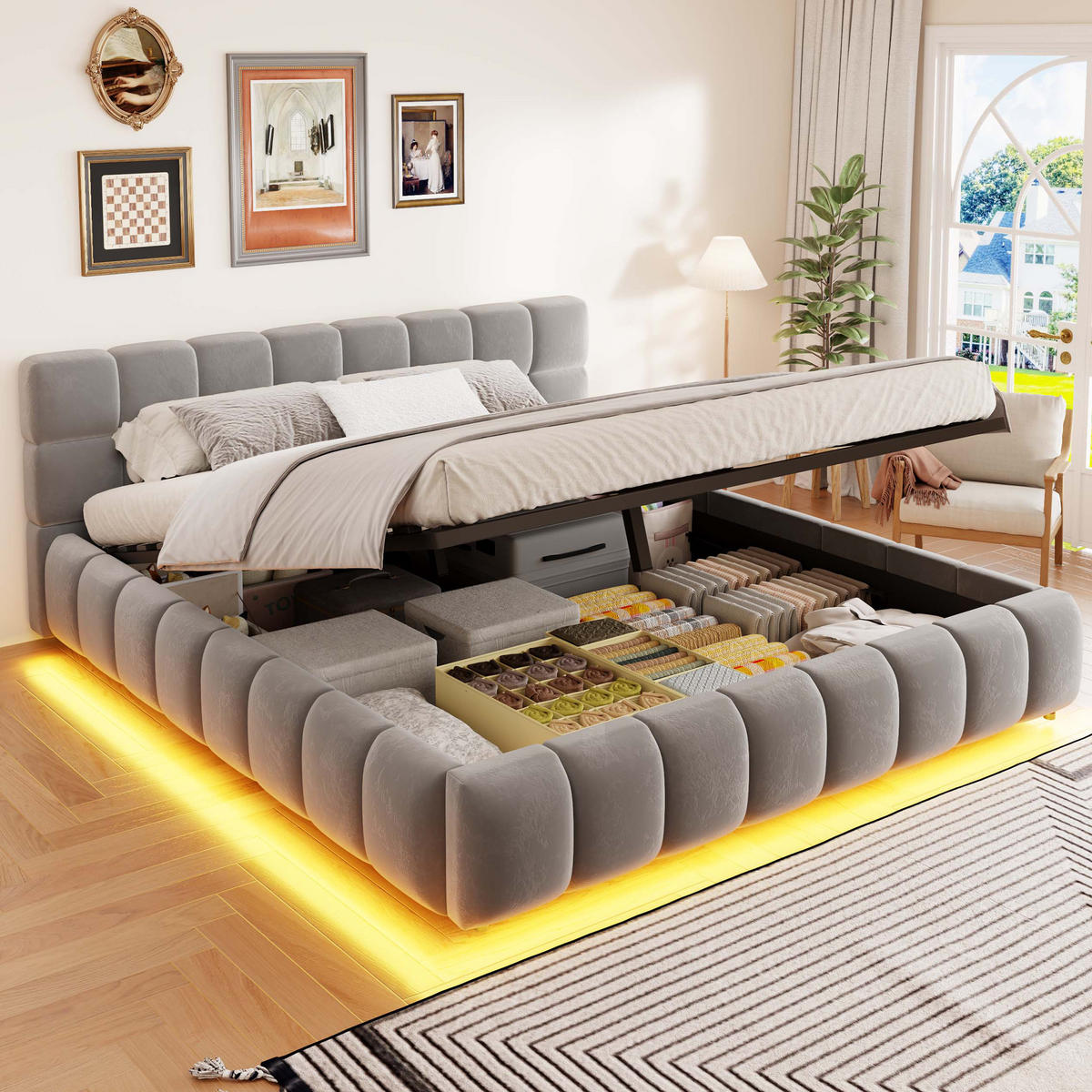POLSTERBETT 160 x 200 cm mit LED und Stauraum, Grau - Grau, Textil (160/200cm) - FLIEKS