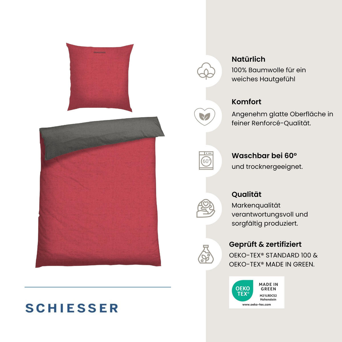 BETTWÄSCHESET Doubleface Renforcé 2-teilig 135x200 cm Rot-Dunkelgrau - Dunkelgrau/Rot, Textil (135/200cm) - SCHIESSER