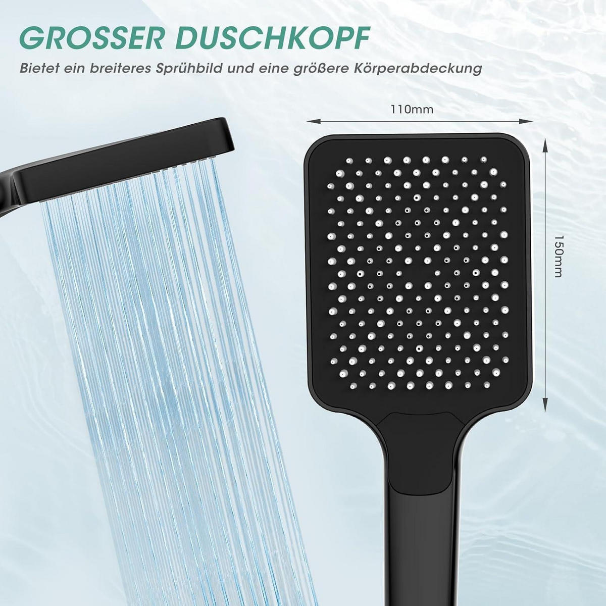 DUSCHKOPF mit Schlauch 2M, Hochdruck, Regendusche, Wassersparend, Chrom - Schwarz, Metall (12/12.7/25.7cm)