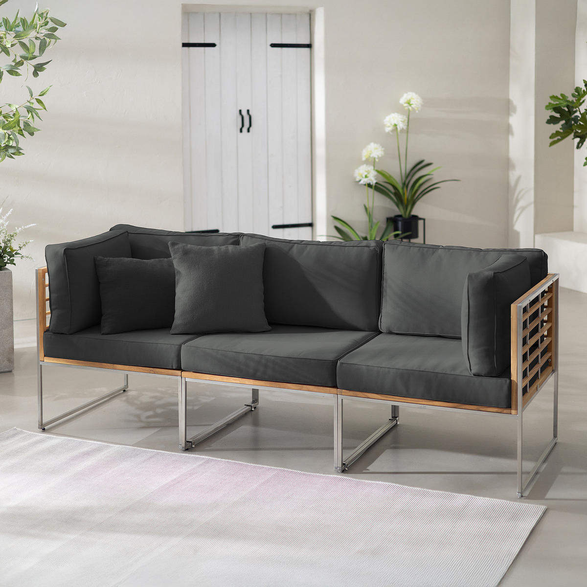 LOUNGESOFA - 3-teilig - Webstoff / Teak massiv - Anthrazit, Holz/Textil (210/74/70cm) - home24