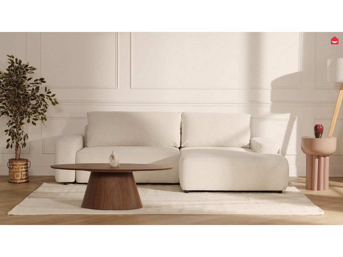 ECKSOFA mit Schlaffunktion - Ecke links - melierter Stoff- Cremefarben - DAVISO - Creme, Textil (264/162cm) - Vente-Unique