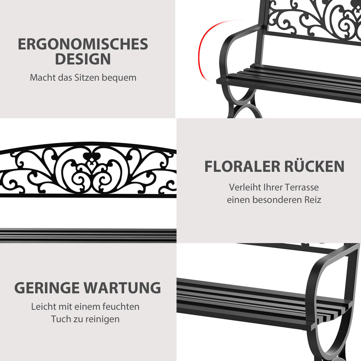 GARTENBANK, 127x60x85 cm, Metall, Schwarz - Schwarz, Metall (60/85/127cm) - Outsunny