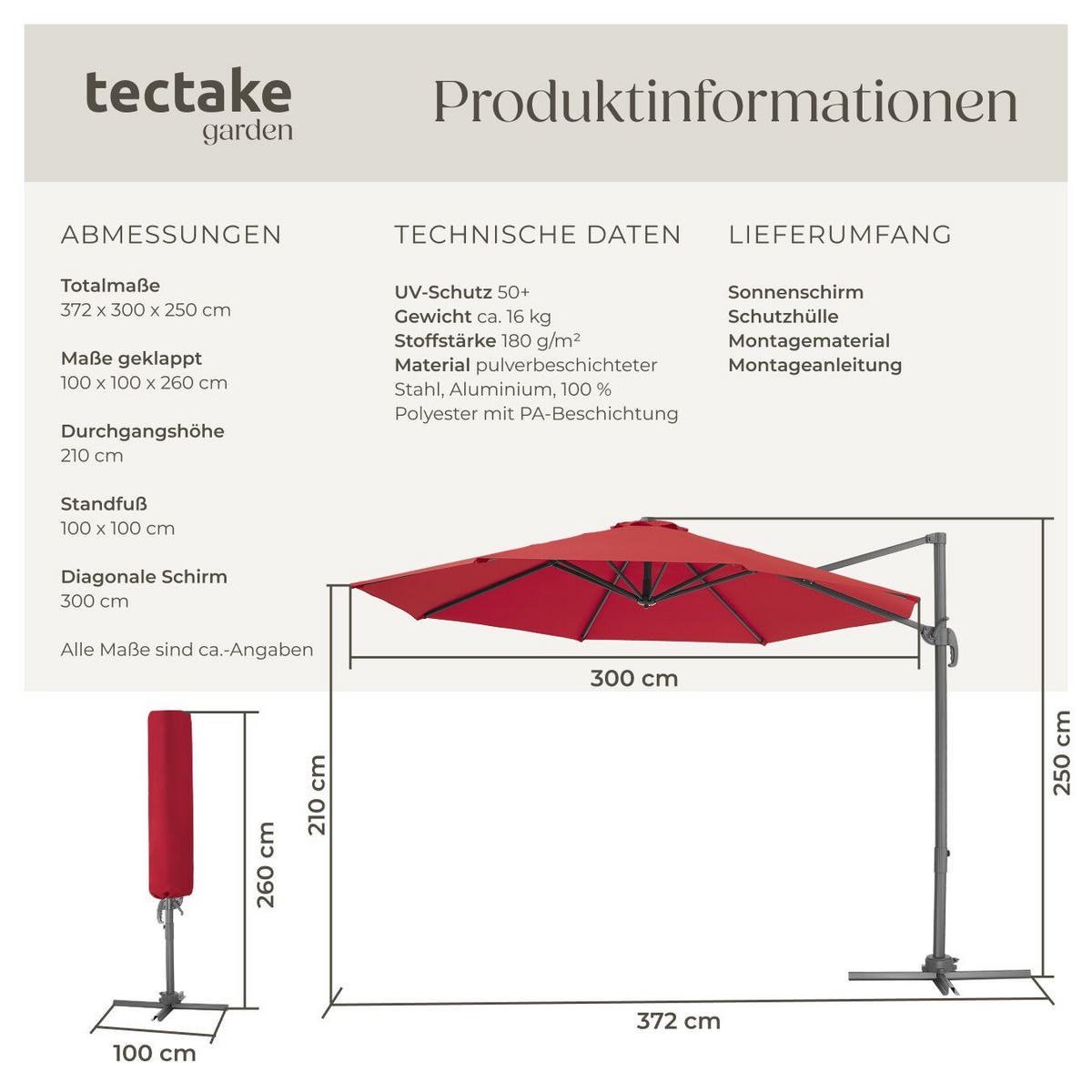 SONNENSCHIRM Daria,UV-Schutz 50+, inklusive Schutzhülle,weinrot - Bordeaux, Metall (300/372cm) - tectake