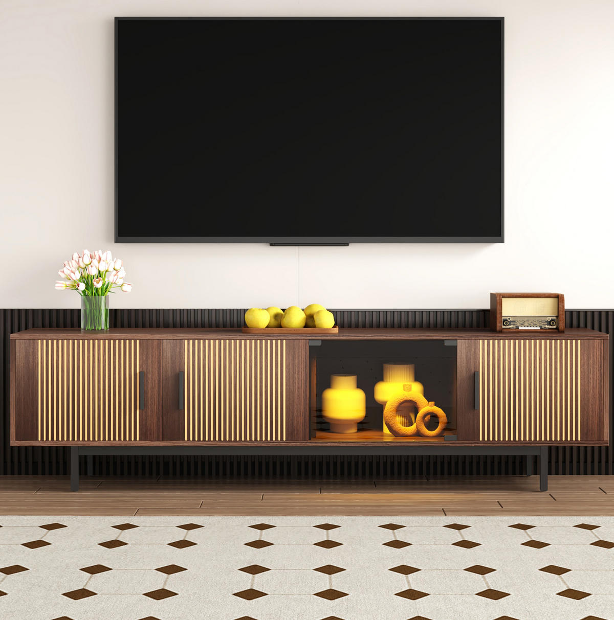TV-LOWBOARD 200/35/53 cm mit LED-Beleuchtung und Glaselementen - Schwarz, Holzwerkstoff (200/53/35cm) - BEAOK