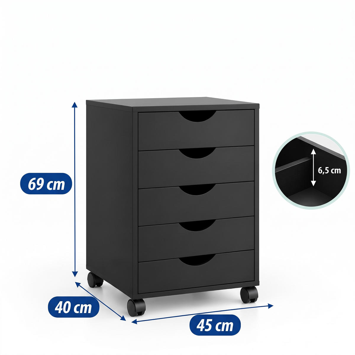 ROLLCONTAINER Schwarz 5 Schubladen auf Rollen 69 cm - Schwarz, Holzwerkstoff/Kunststoff (45/69/40cm) - Relaxdays