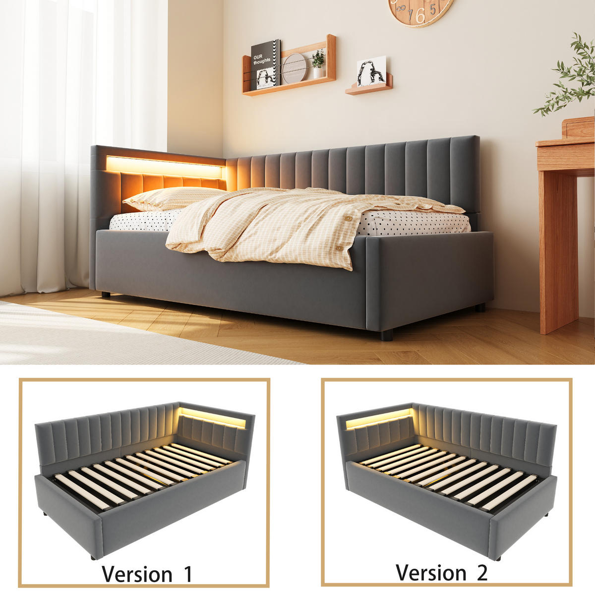POLSTERBETT Schlafsofa 90/200 cm mit LED-Beleuchtung, hydraulischem Stauraum und Samtbezug, Grau - Grau, Textil (90/200cm) - Redom