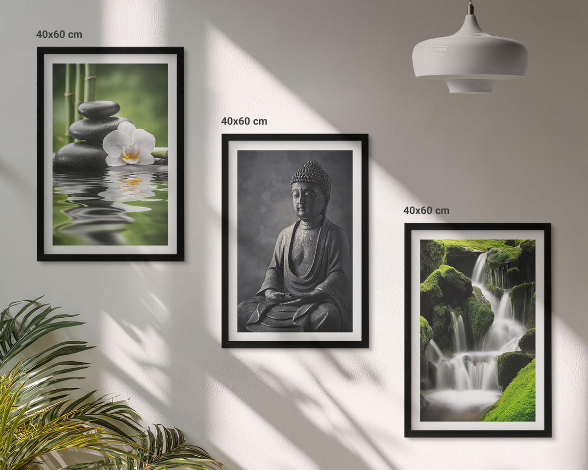 BILDER SET 3er Set - 40x60 cm Schwarzer Rahmen - Entspannende Zen-Wassermalerei - Schwarz, Kunststoff (40/60cm) - TULUP