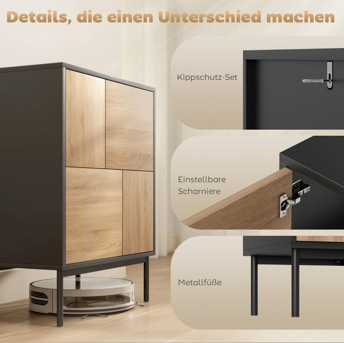 SIDEBOARD in Schwarz/Natur mit 4 Türen und Push-to-open-Funktion,60/78/35 cm - Schwarz, Holz (60/78/35cm) - Flora Grace