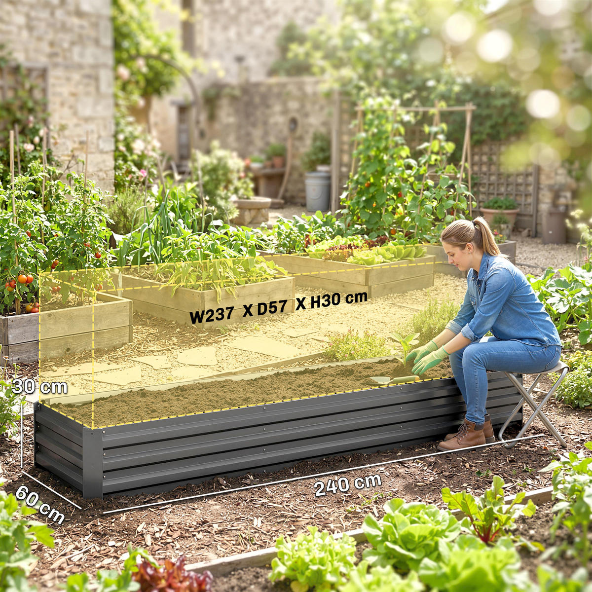 HOCHBEET DE-12212 rechteckig 240/60/30 cm mit offenem Boden Dunkelgrau - Dunkelgrau, Metall (240/30/60cm) - ComfortXL