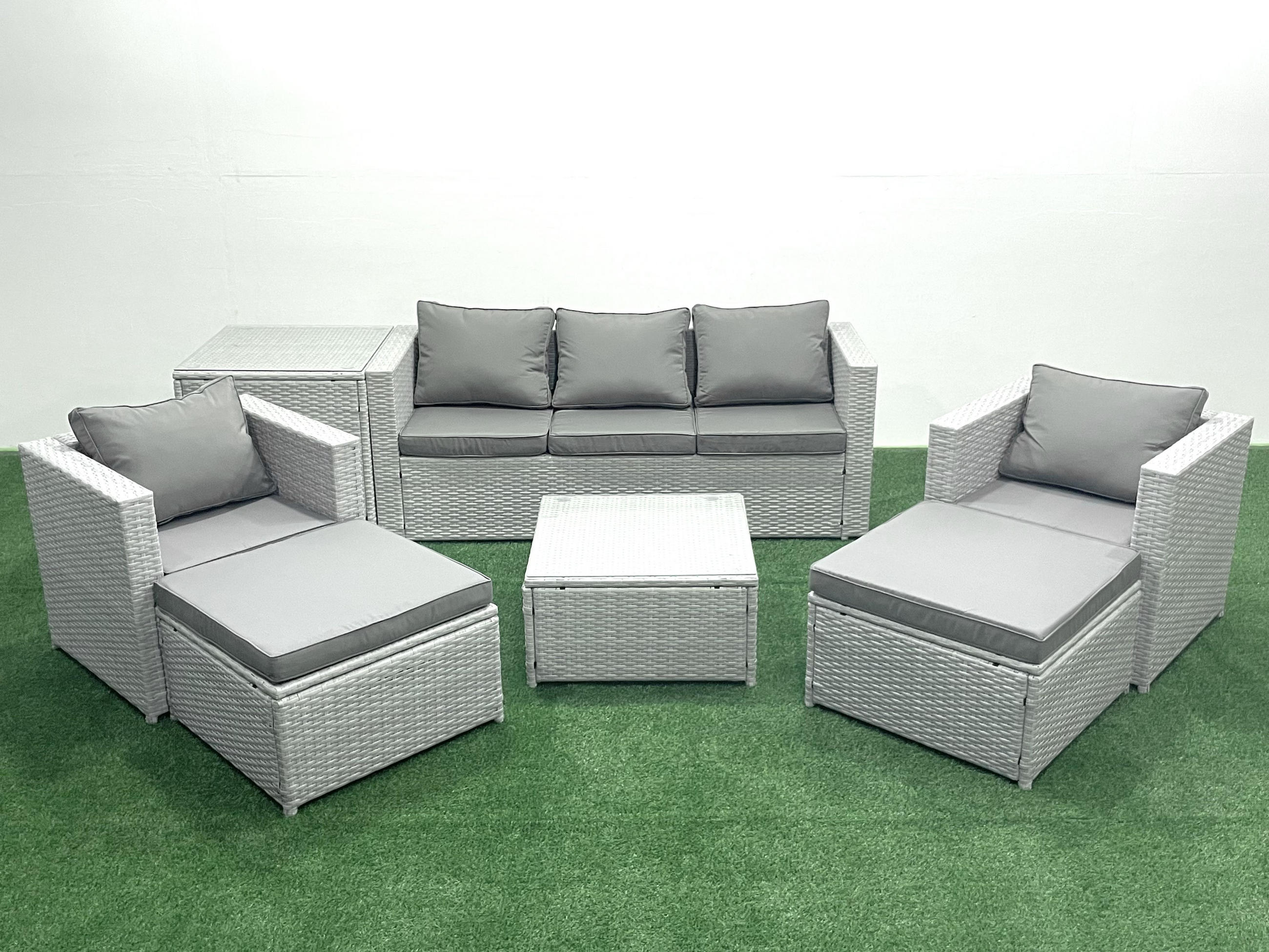 GARTENMÖBEL-SET mit Kissen Polyrattan Hellgrau-Mix 7-Sitzer - Hellgrau/Grau, Glas/Kunststoff - Fimous