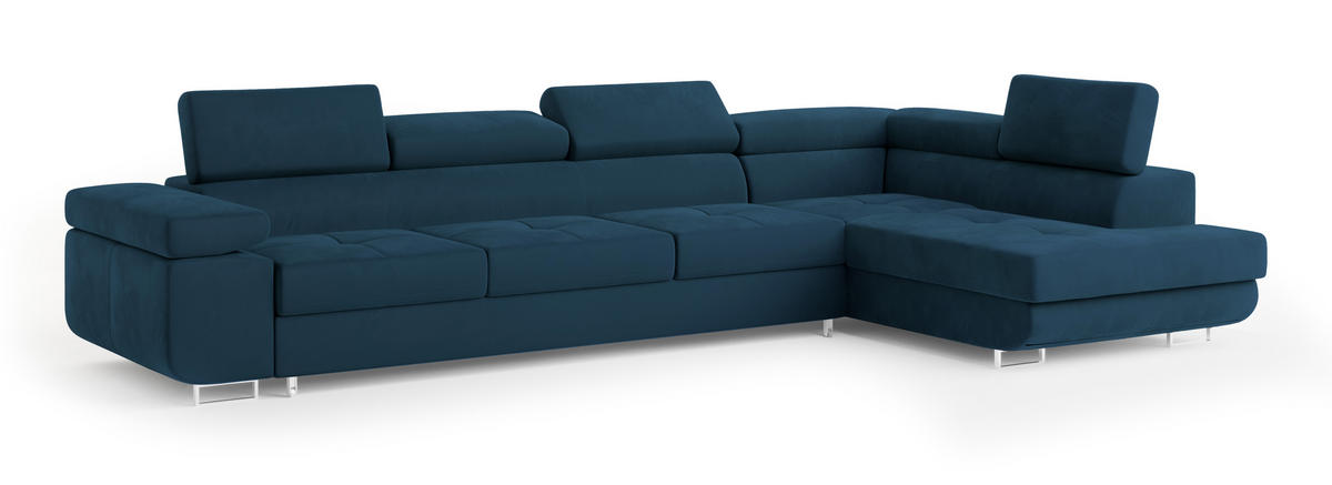 ECKSOFA VICENTE Blau Velours-Stoff mit Schlaffunktion - Blau, Holz (346/202cm) - MASSENO