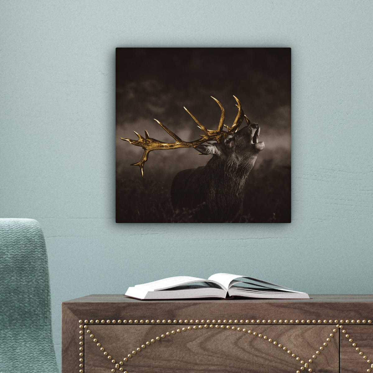 LEINWANDBILD Rotwild - Schwarz - Gold Deko Wohnzimmer 20x20 cm - Braun, Textil (20/20cm) - MuchoWow