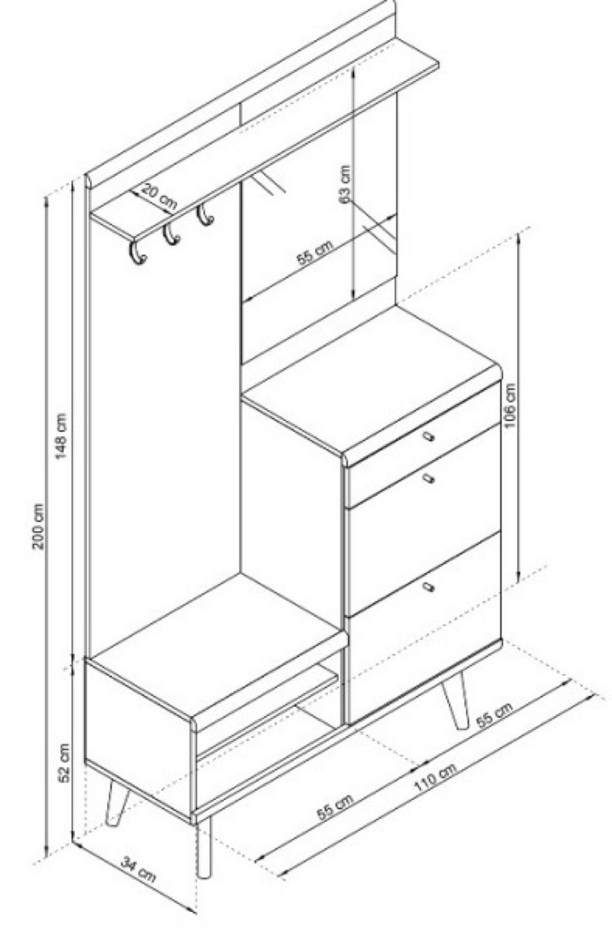 GARDEROBE Riviera Eiche Weiß DRIMO Mit Spiegel Mit Massivholzbeinen - Multicolor, Holzwerkstoff (110/200/34cm) - Sepro Meble